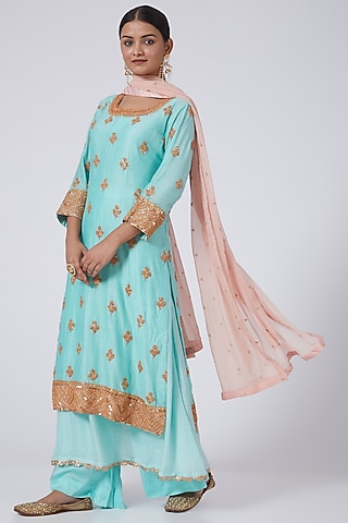 Blue Embellished Kurta Set by Neha Poddar