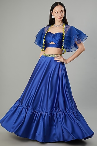 Blue Armani Satin Flared Lehenga Set
 by NEHA PUPREJA