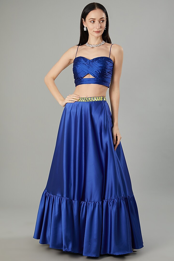 Blue Armani Satin Flared Wedding Lehenga Set
by NEHA PUPREJA at Pernia's Pop Up Shop