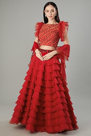 Red Butterfly Net Ruffled Lehenga Set by NEHA PUPREJA