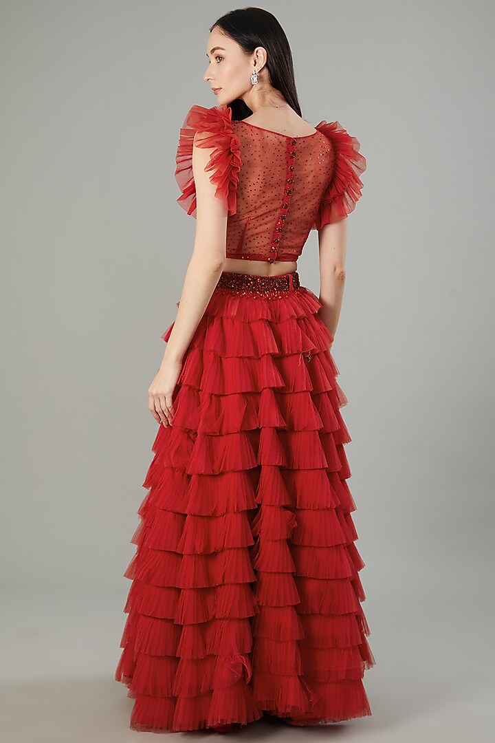 Red Butterfly Net Ruffled Wedding Lehenga Set by NEHA PUPREJA at Pernia's Pop Up Shop