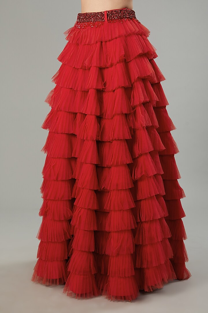 Red Butterfly Net Ruffled Wedding Lehenga Set by NEHA PUPREJA at Pernia's Pop Up Shop