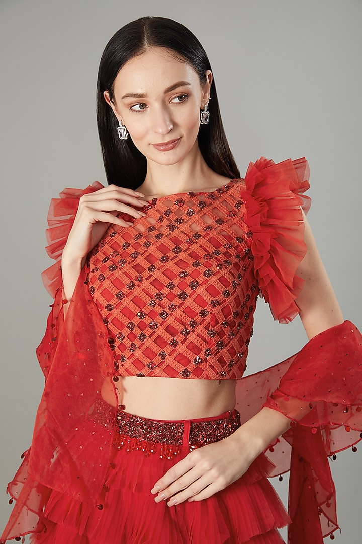 Red Butterfly Net Ruffled Wedding Lehenga Set by NEHA PUPREJA at Pernia's Pop Up Shop