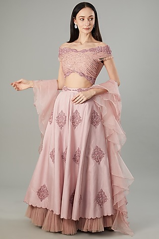 Pink Pure Dupion Silk Cutdana Hand Embroidered Lehenga Set by NEHA PUPREJA