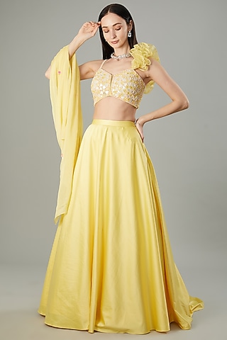 Yellow Dutch Satin Flared Lehenga Set by NEHA PUPREJA