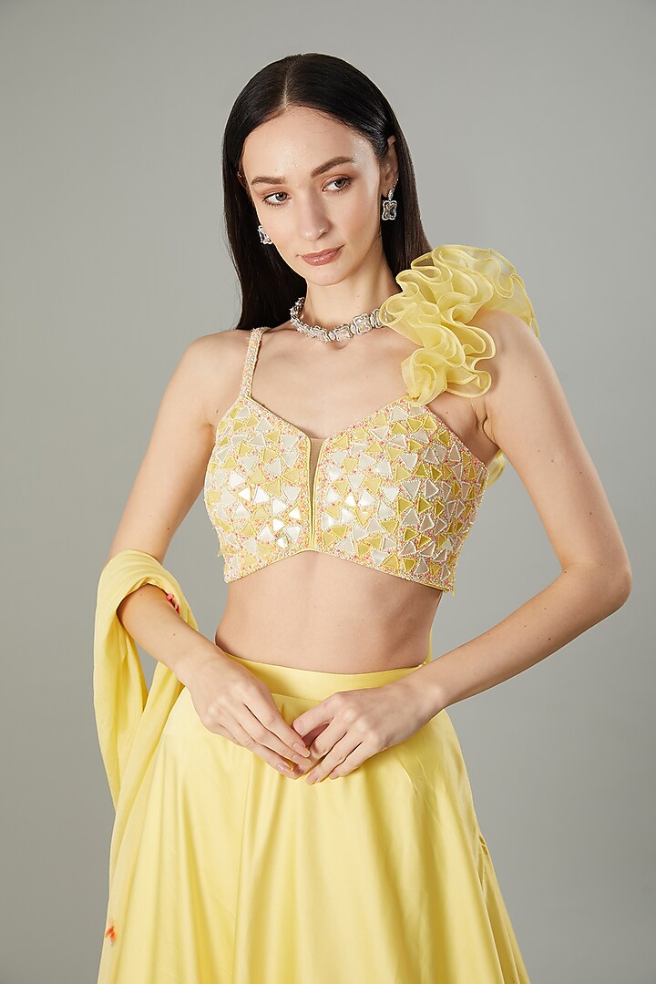 Yellow Dutch Satin Flared Wedding Lehenga Set by NEHA PUPREJA at Pernia's Pop Up Shop