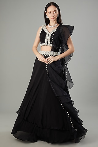Black Chinon Chiffon Lehenga Set by NEHA PUPREJA