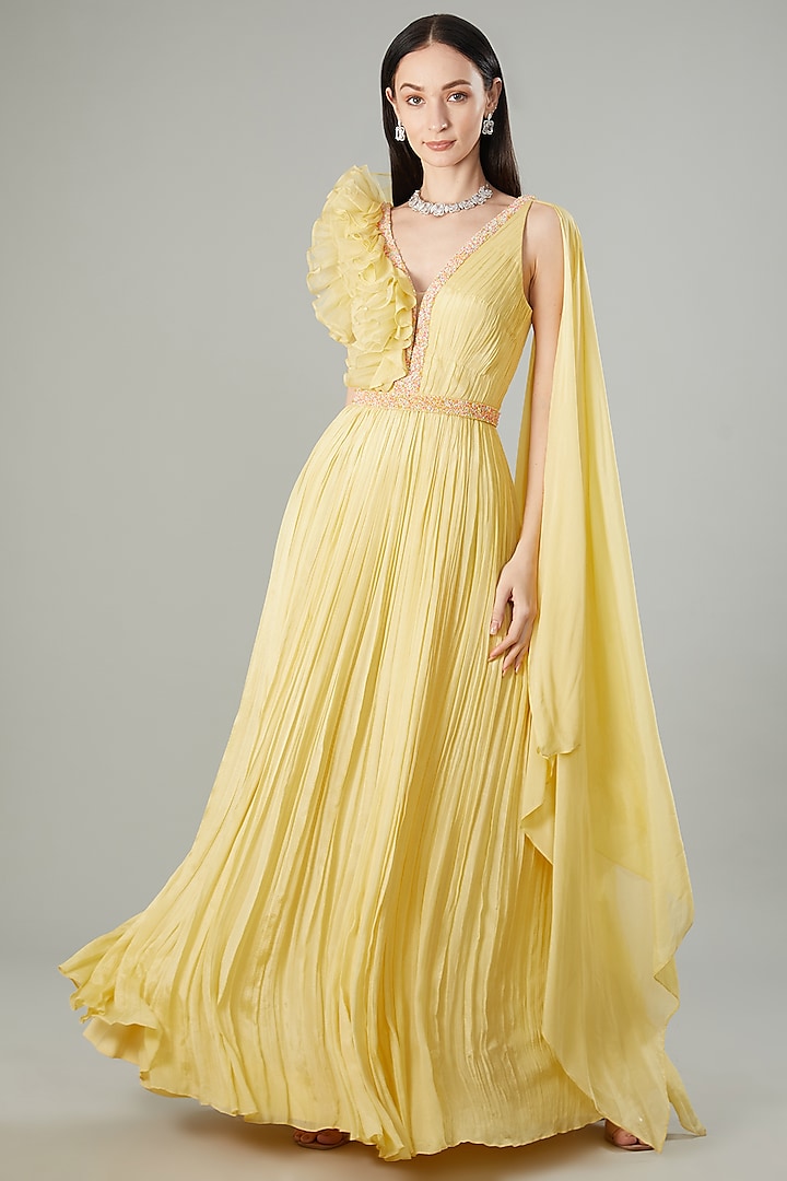 Light Yellow Chinon Chiffon Hand Embroidered Draped Gown With Belt by NEHA PUPREJA