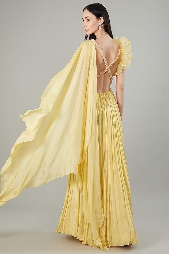 Light Yellow Chinon Chiffon Hand Embroidered Draped Engagement Gown With Belt by NEHA PUPREJA at Pernia's Pop Up Shop
