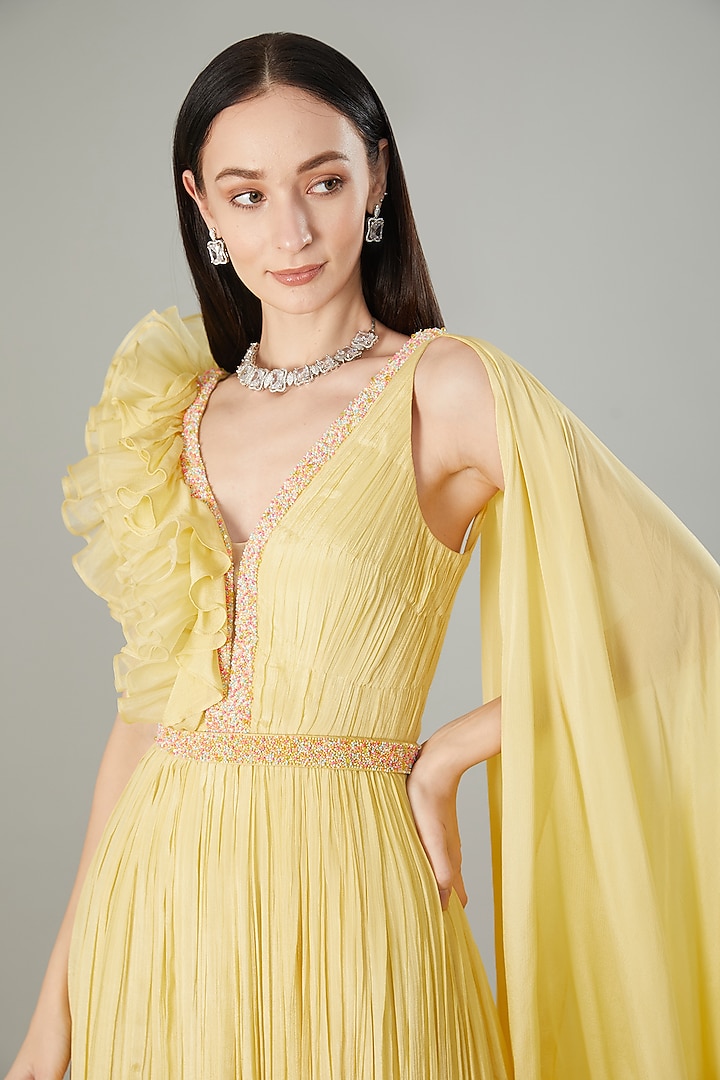 Light Yellow Chinon Chiffon Hand Embroidered Draped Engagement Gown With Belt by NEHA PUPREJA at Pernia's Pop Up Shop