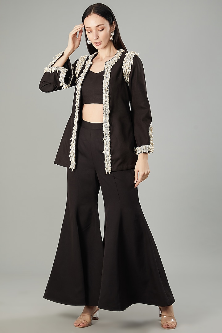 Black Moss Crepe Pearl Embroidered Co-Ord Set by NEHA PUPREJA