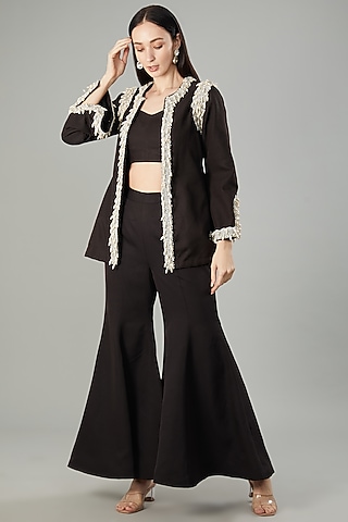 Black Moss Crepe Pearl Embroidered Co-Ord Set by NEHA PUPREJA