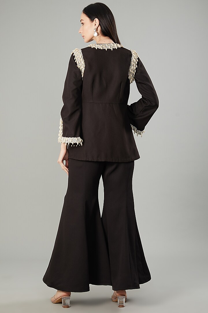 Black Moss Crepe Pearl Embroidered Co-Ord Set by NEHA PUPREJA at Pernia's Pop Up Shop