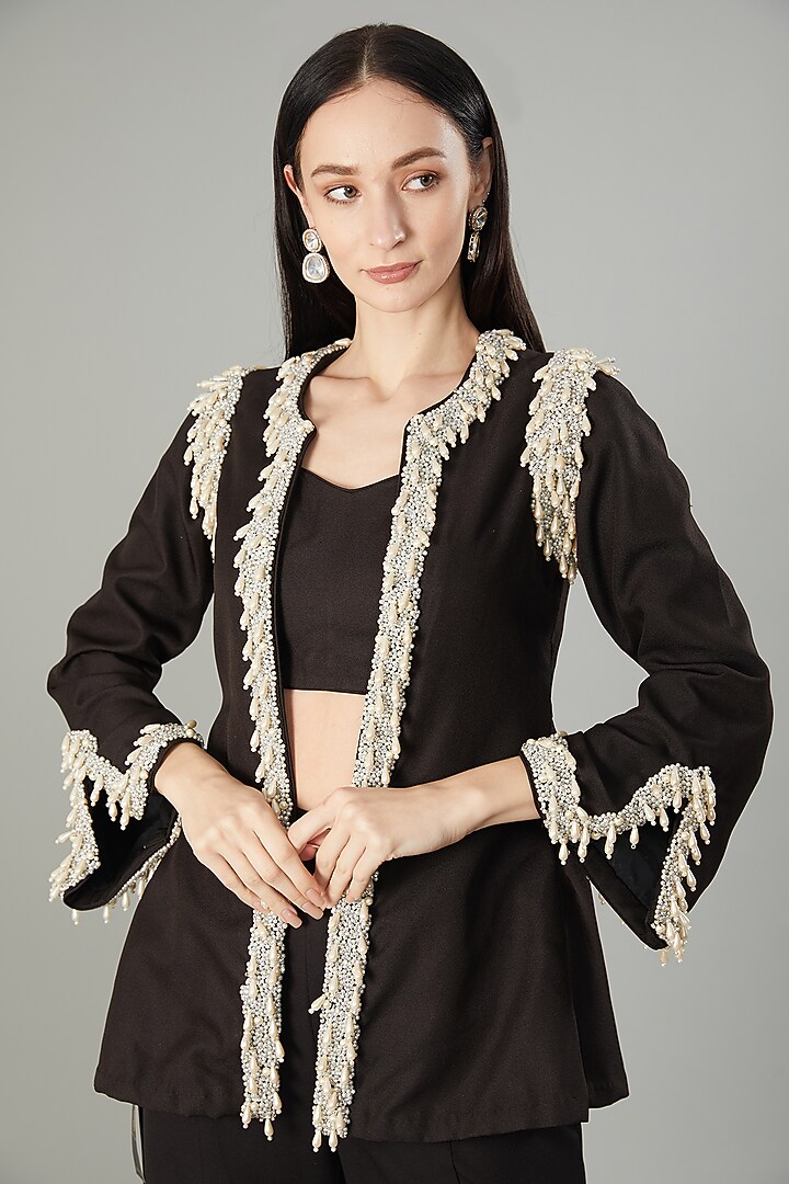 Black Moss Crepe Pearl Embroidered Co-Ord Set by NEHA PUPREJA at Pernia's Pop Up Shop