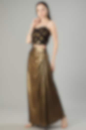 Gold Metallic Lycra Draped Skirt Set by NEHA PUPREJA
