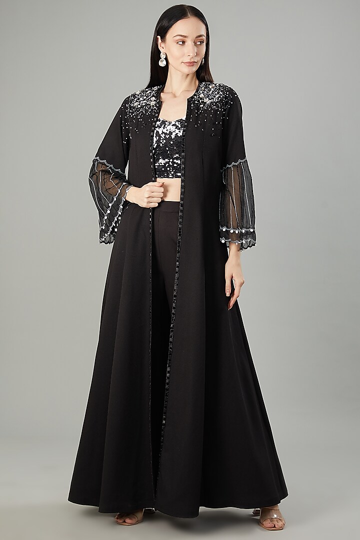 Black Imported Crepe Crystal Embellished Jacket Set by NEHA PUPREJA