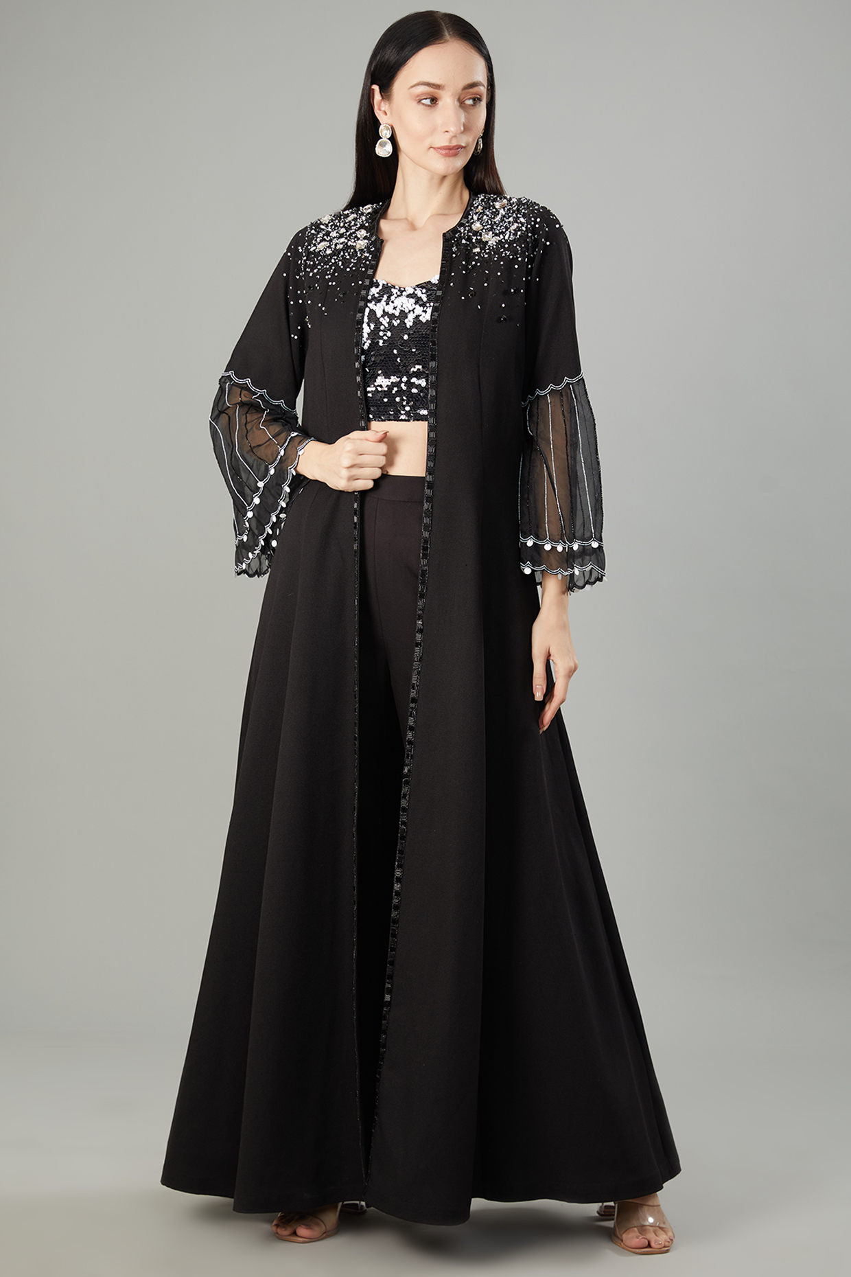 Black Imported Crepe Crystal Embellished Jacket Set by neha pupreja-MORE FROM NEHA PUPREJA