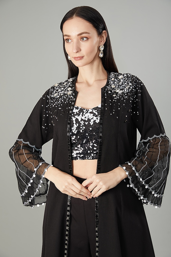 Black Imported Crepe Crystal Embellished Jacket Set by NEHA PUPREJA at Pernia's Pop Up Shop