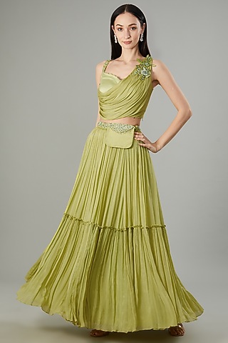 Parrot Green Chinon Chiffon Flared Lehenga Set by NEHA PUPREJA