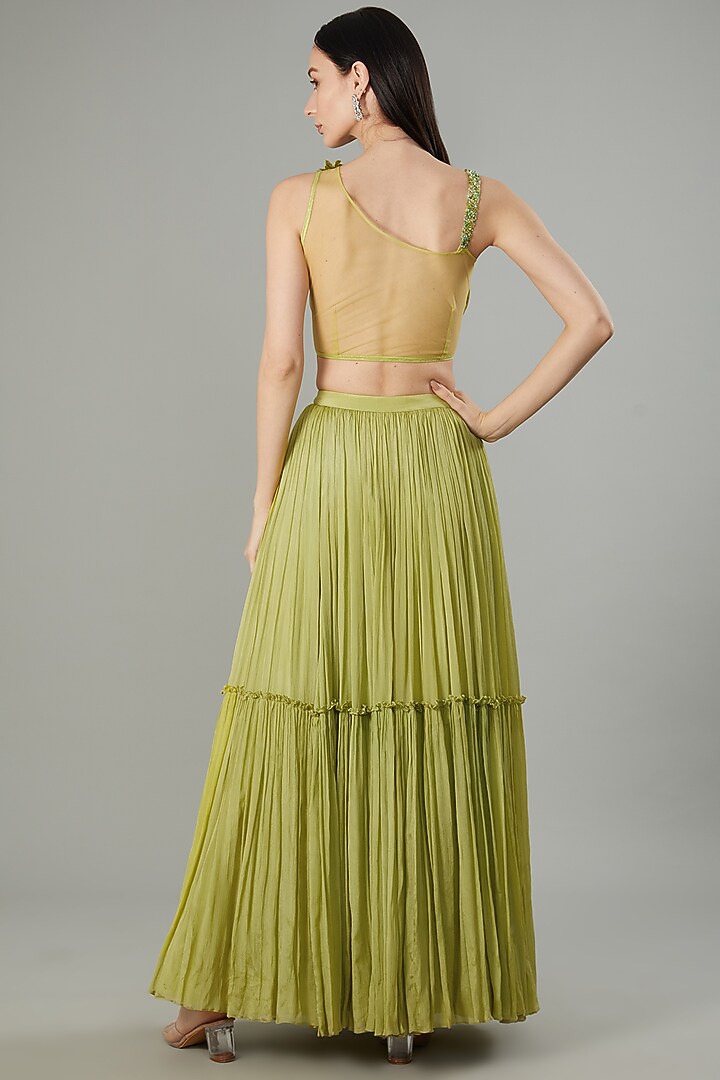 Parrot Green Chinon Chiffon Flared Wedding Lehenga Set by NEHA PUPREJA at Pernia's Pop Up Shop
