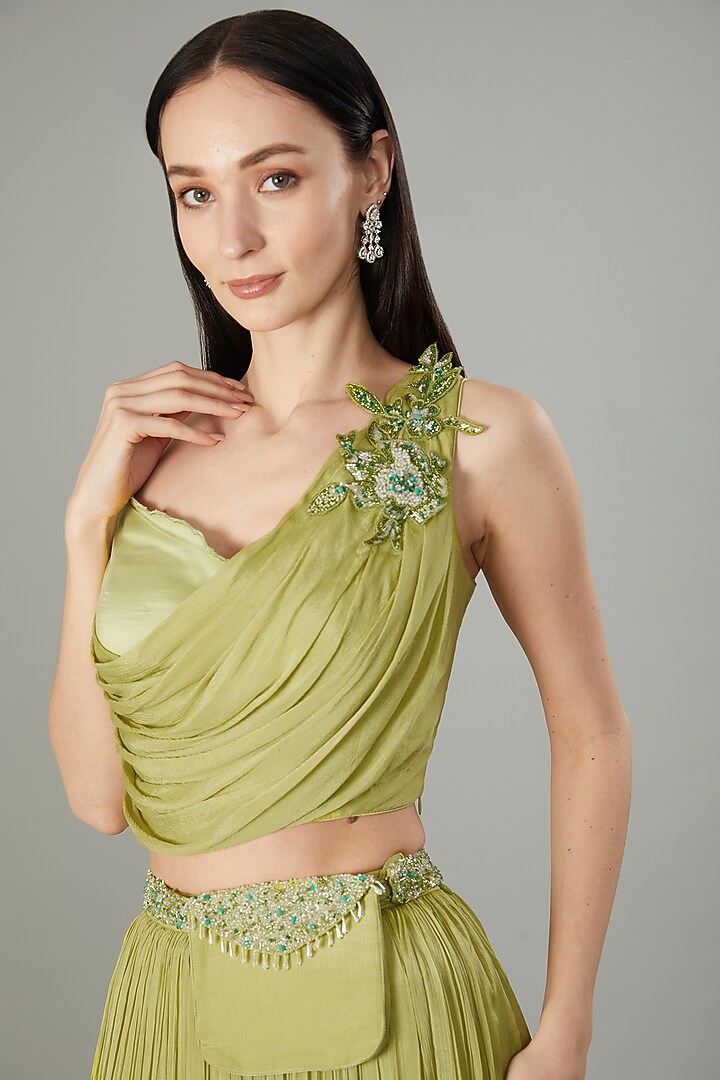 Parrot Green Chinon Chiffon Flared Wedding Lehenga Set by NEHA PUPREJA at Pernia's Pop Up Shop