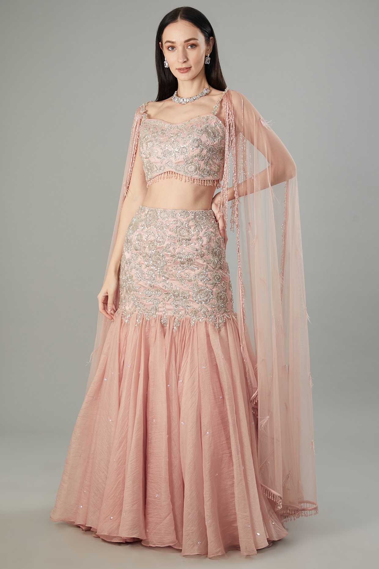 Pink Viscose Crepe Georgette Pearl Embellished Pleated Fish-Cut Gown Design  by Parshya at Pernia's Pop Up Shop 2024
