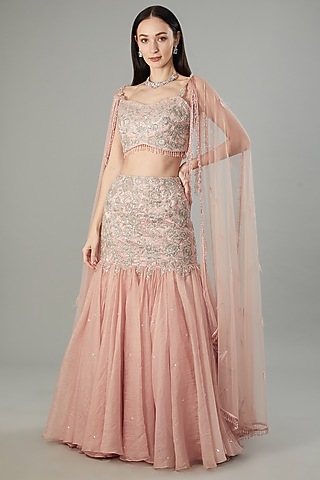 Dusty Pink Silk Satin Chiffon Sequins Embellished Fish-Cut Lehenga Set by NEHA PUPREJA