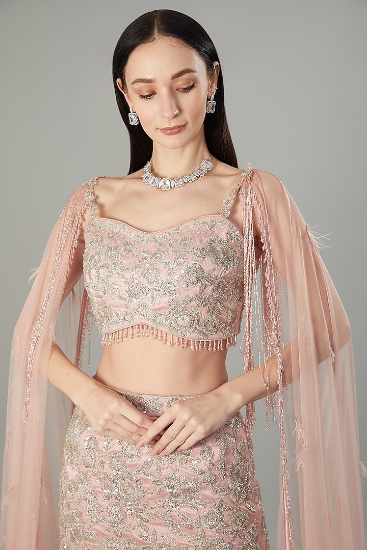 Dusty Pink Silk Satin Chiffon Sequins Embellished Fish-Cut Wedding Lehenga Set by NEHA PUPREJA at Pernia's Pop Up Shop