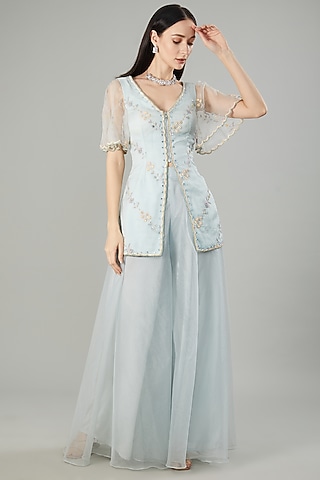 Pastel Blue Organza Sharara Set by NEHA PUPREJA