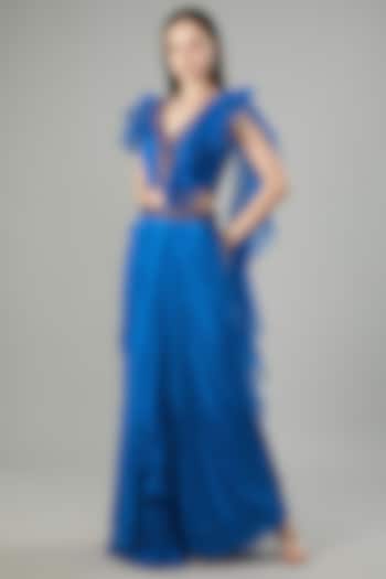 Blue Chinon Chiffon Ready-To-Wear Draped Saree Set by NEHA PUPREJA