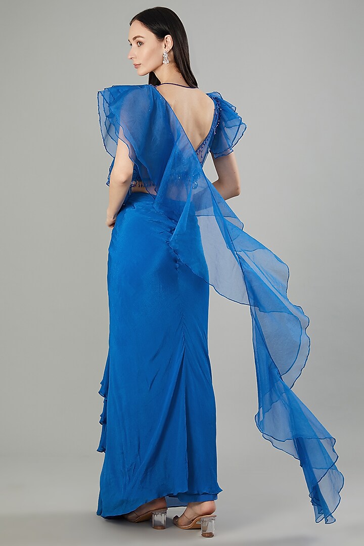 Blue Chinon Chiffon Ready-To-Wear Draped Wedding Saree Set by NEHA PUPREJA at Pernia's Pop Up Shop