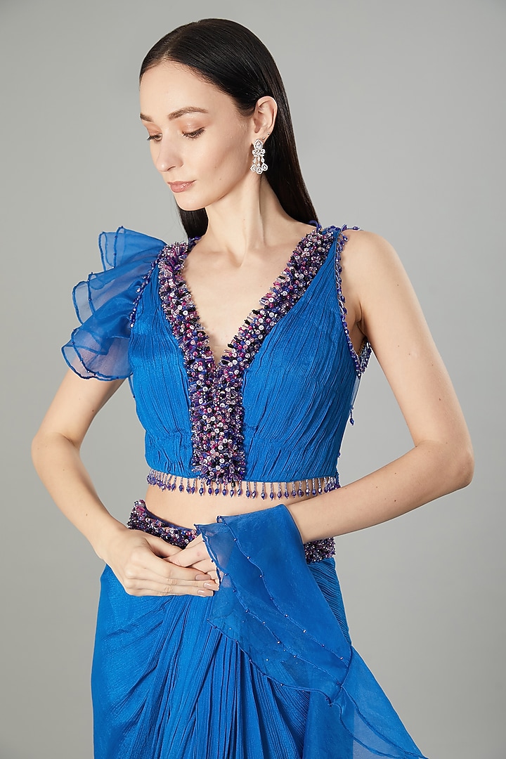 Blue Chinon Chiffon Ready-To-Wear Draped Wedding Saree Set by NEHA PUPREJA at Pernia's Pop Up Shop