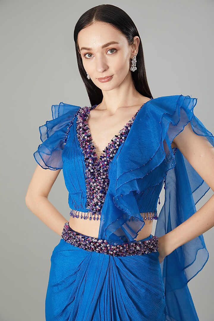 Blue Chinon Chiffon Ready-To-Wear Draped Wedding Saree Set by NEHA PUPREJA at Pernia's Pop Up Shop