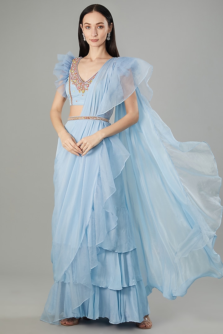 Powder Blue Chinon Chiffon Ready-To-Wear Draped Saree Set by NEHA PUPREJA