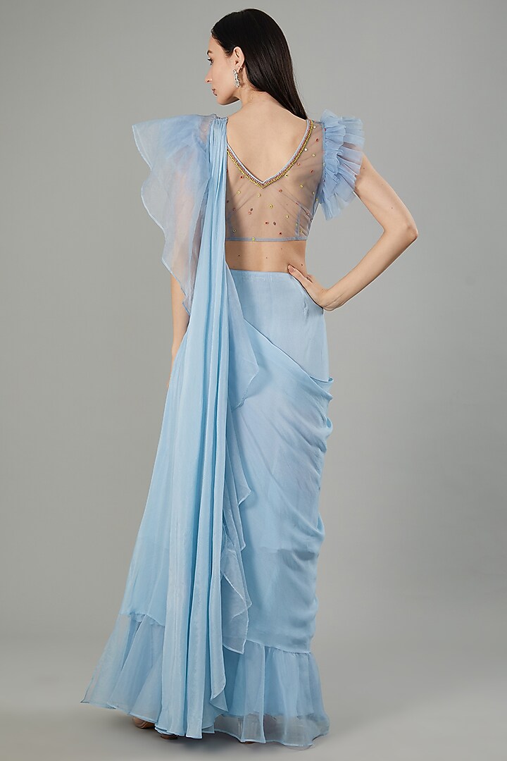 Powder Blue Chinon Chiffon Ready-To-Wear Draped Wedding Saree Set by NEHA PUPREJA at Pernia's Pop Up Shop