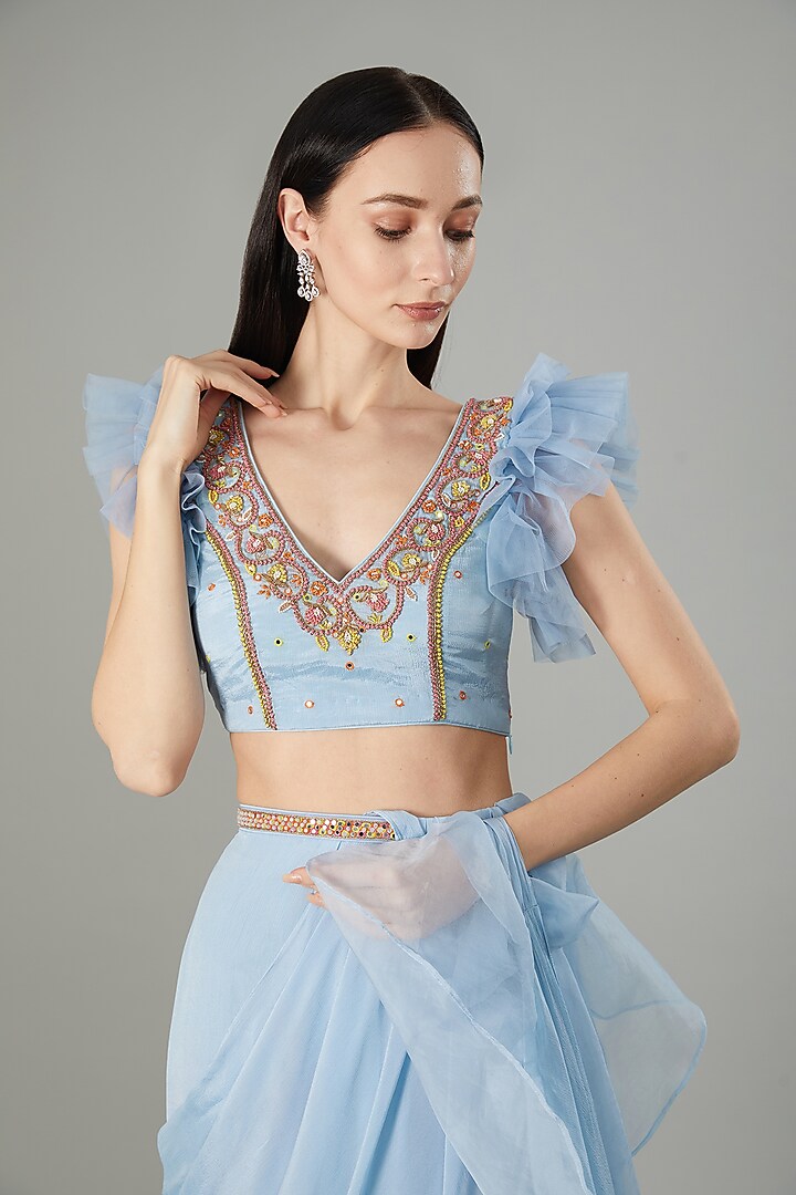 Powder Blue Chinon Chiffon Ready-To-Wear Draped Wedding Saree Set by NEHA PUPREJA at Pernia's Pop Up Shop