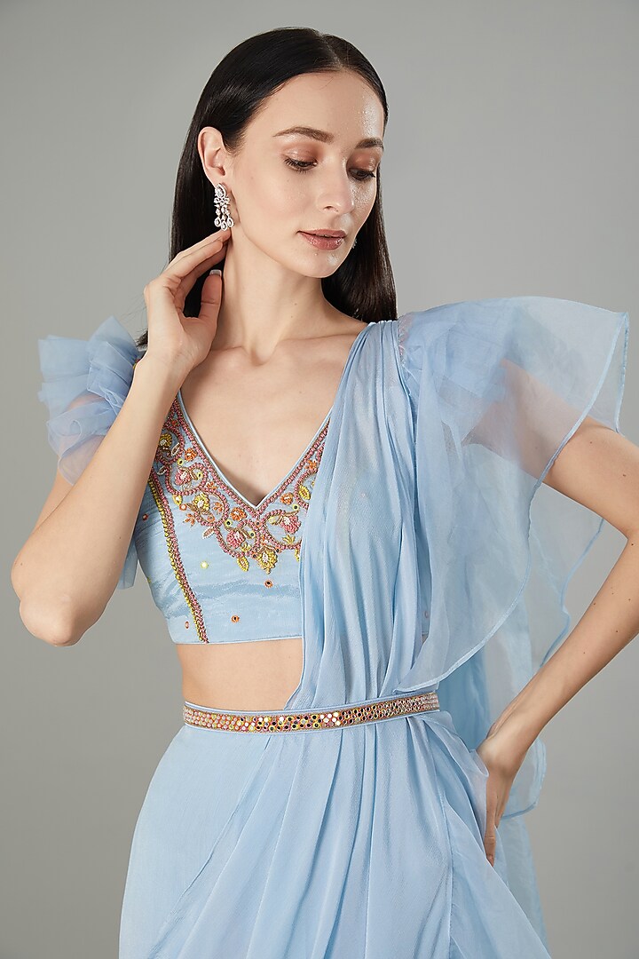 Powder Blue Chinon Chiffon Ready-To-Wear Draped Wedding Saree Set by NEHA PUPREJA at Pernia's Pop Up Shop