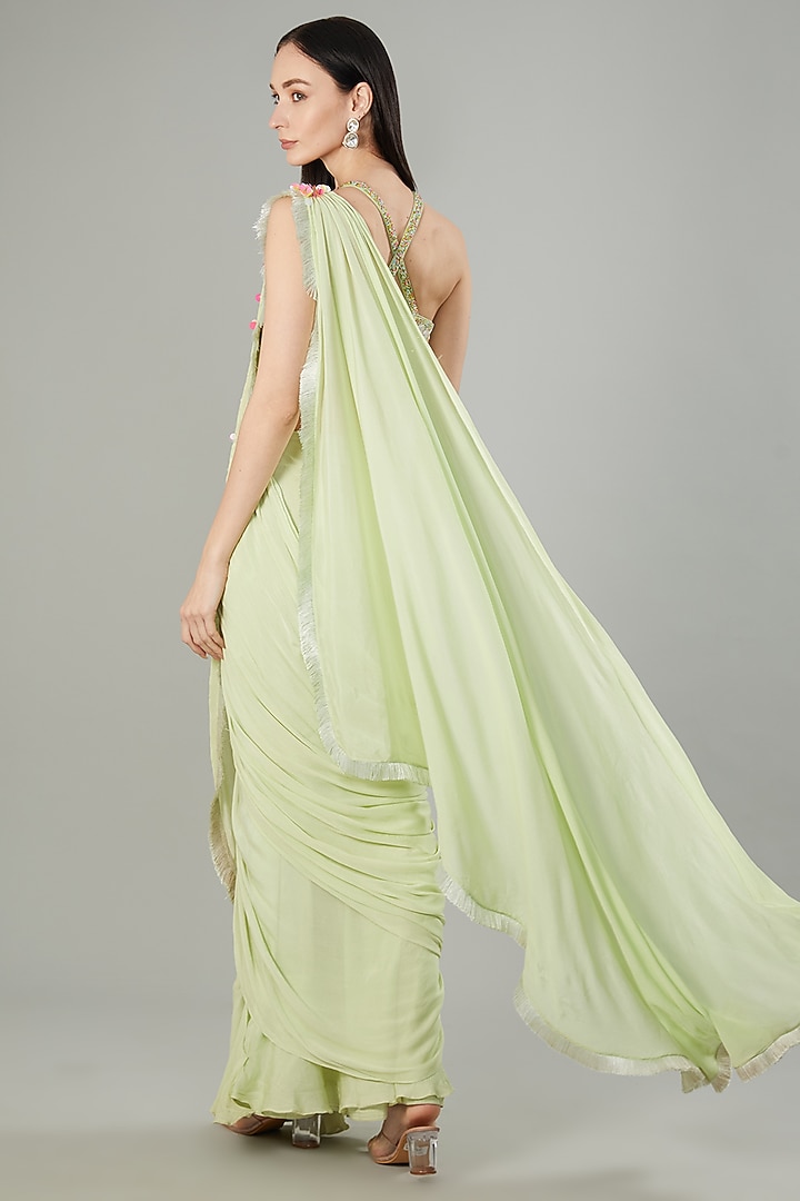 Pista Green Chinon Chiffon Ready-To-Wear Wedding Saree Set by NEHA PUPREJA at Pernia's Pop Up Shop