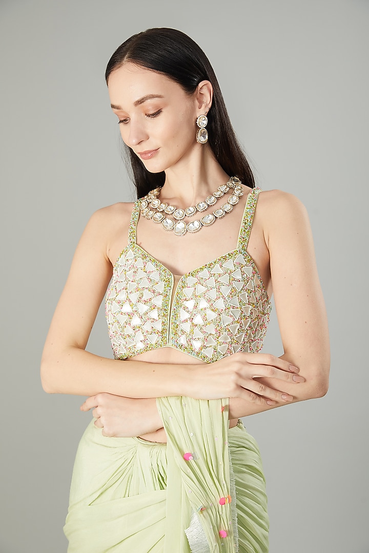 Pista Green Chinon Chiffon Ready-To-Wear Wedding Saree Set by NEHA PUPREJA at Pernia's Pop Up Shop