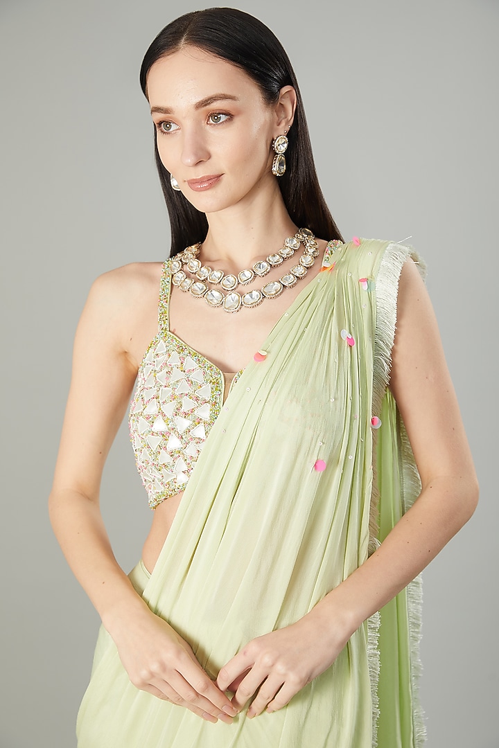 Pista Green Chinon Chiffon Ready-To-Wear Wedding Saree Set by NEHA PUPREJA at Pernia's Pop Up Shop