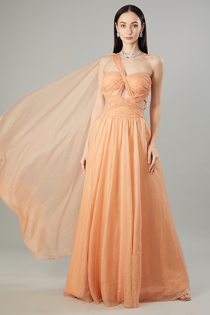 Peach Chiffon Organza Draped Gown by NEHA PUPREJA