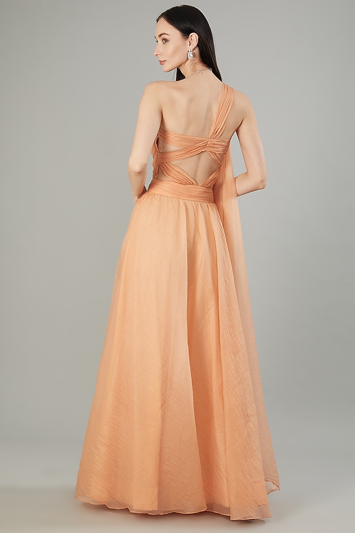Peach Chiffon Organza Draped Party Wear Gown by NEHA PUPREJA at Pernia's Pop Up Shop