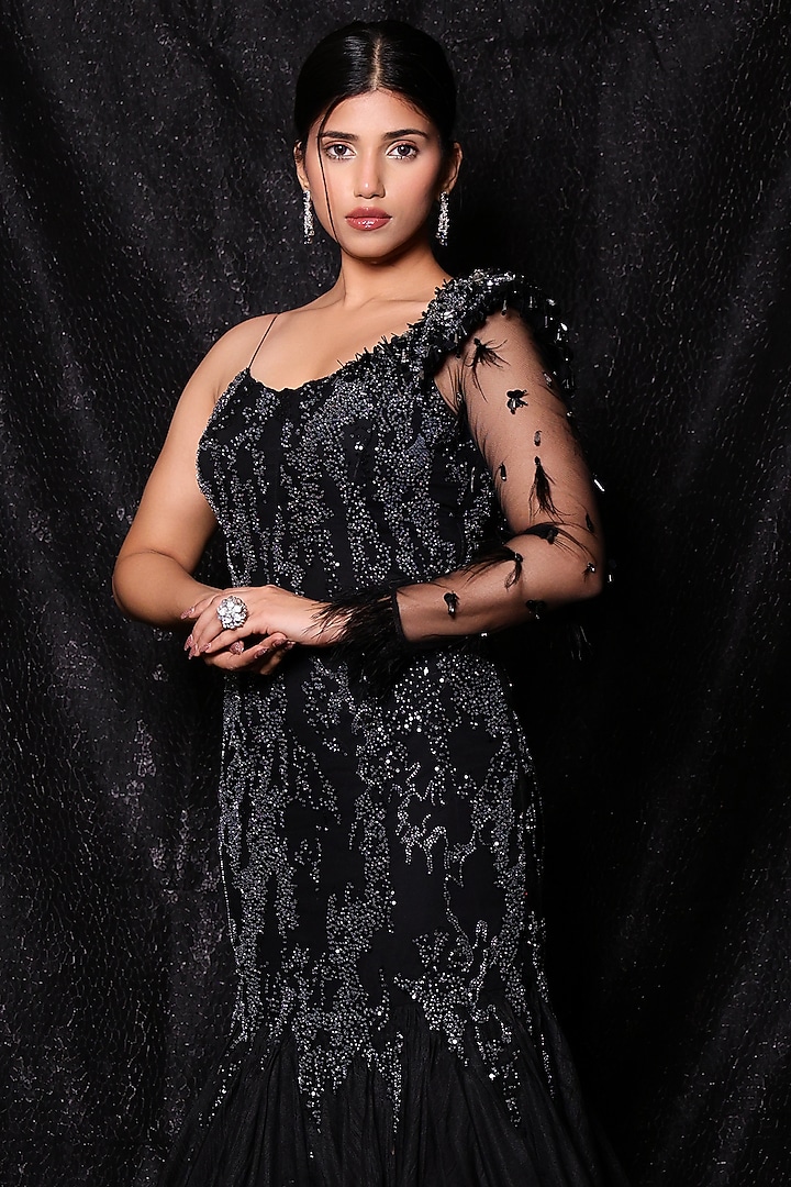 Black Net & Organza Chiffon Hand Embroidered Wedding Gown by NEHA PUPREJA at Pernia's Pop Up Shop