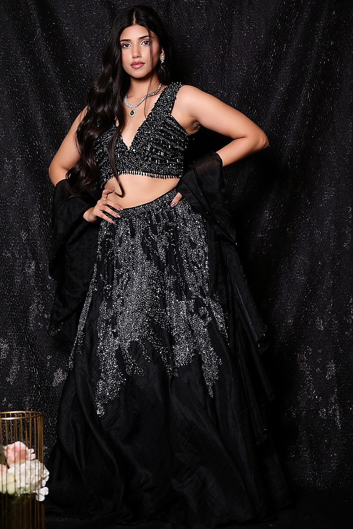 Black Organza Chiffon Wedding Lehenga Set by NEHA PUPREJA at Pernia's Pop Up Shop