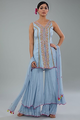 Powder Blue Chinon Chiffon Sharara Set by NEHA PUPREJA