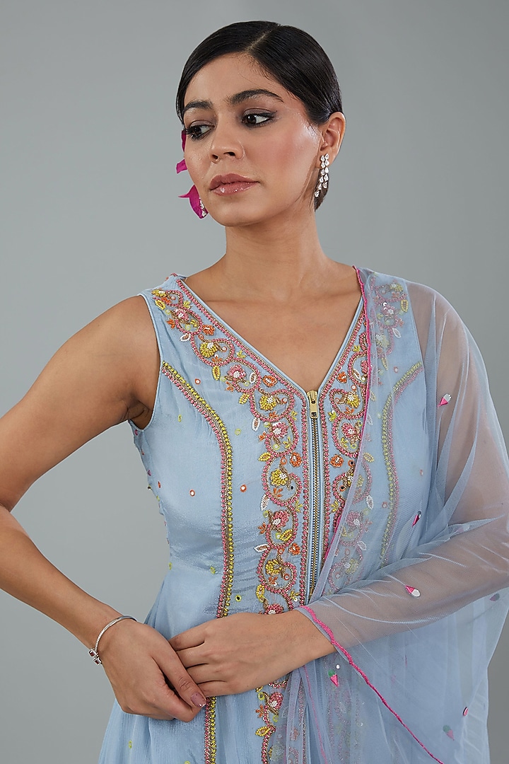 Powder Blue Chinon Chiffon Wedding Sharara Set by NEHA PUPREJA at Pernia's Pop Up Shop