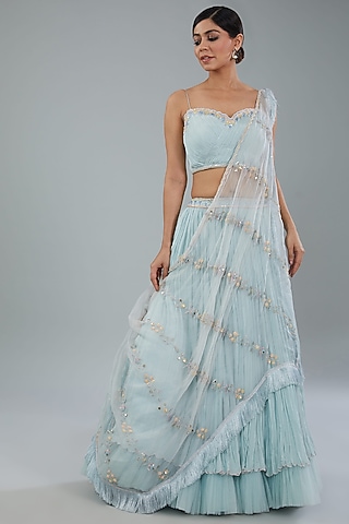 Firozi Blue Chiffon Ruffled Lehenga Set by NEHA PUPREJA