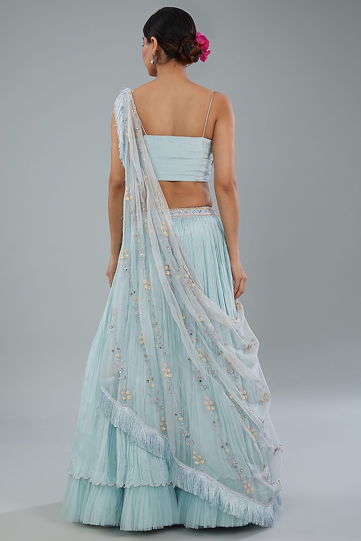 Firozi Blue Chiffon Ruffled Wedding Lehenga Set by NEHA PUPREJA at Pernia's Pop Up Shop