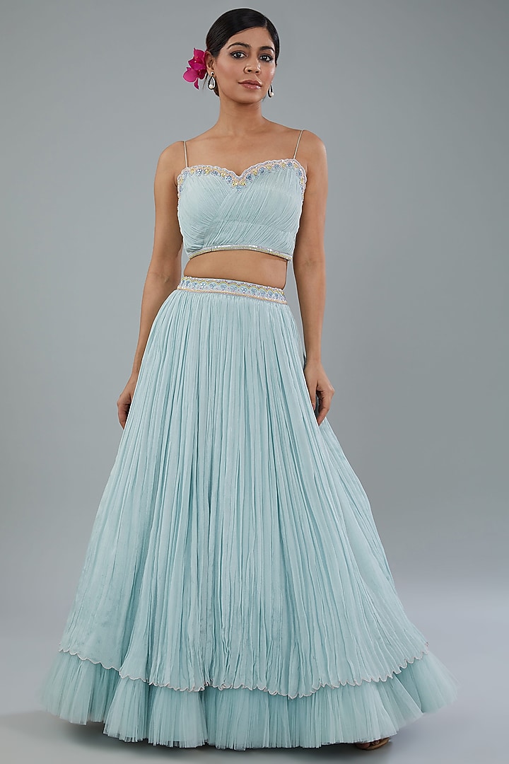 Firozi Blue Chiffon Ruffled Wedding Lehenga Set by NEHA PUPREJA at Pernia's Pop Up Shop