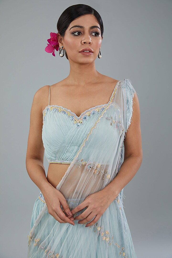 Firozi Blue Chiffon Ruffled Wedding Lehenga Set by NEHA PUPREJA at Pernia's Pop Up Shop